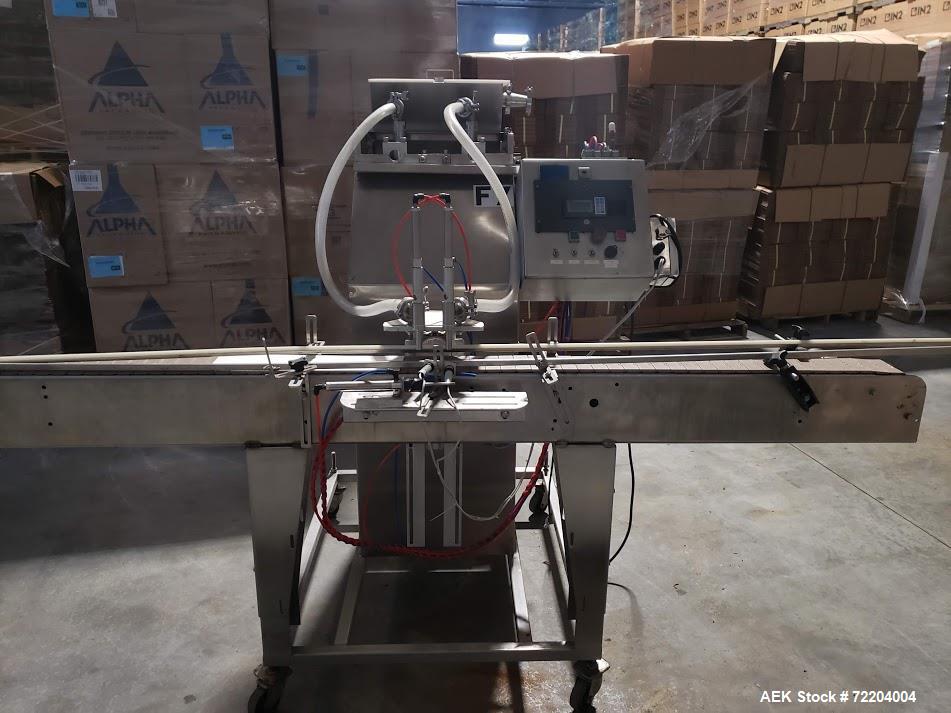 Used Keith Machinery Co Inline Piston Filler, Model RJM. Filler has 2-up positive shut-off design with pneumatic indexing. Front-mounted operator control panel.  Approx. 6 table top chain conveyor. S...