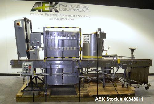 Used Filamatic (National Instruments) 8 Head In-Line Piston Filler, Model CVK-120. (8) 3/8’’ diameter nozzles with centering bells, mounted on a 31" wide adjustable slotted filling bar. Has bottom up...
