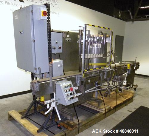 Used Filamatic (National Instruments) 8 Head In-Line Piston Filler, Model CVK-120. (8) 3/8’’ diameter nozzles with centering bells, mounted on a 31" wide adjustable slotted filling bar. Has bottom up...