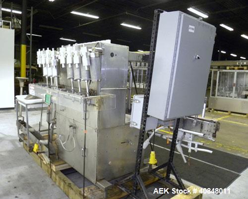 Used Filamatic (National Instruments) 8 Head In-Line Piston Filler, Model CVK-120. (8) 3/8’’ diameter nozzles with centering bells, mounted on a 31" wide adjustable slotted filling bar. Has bottom up...