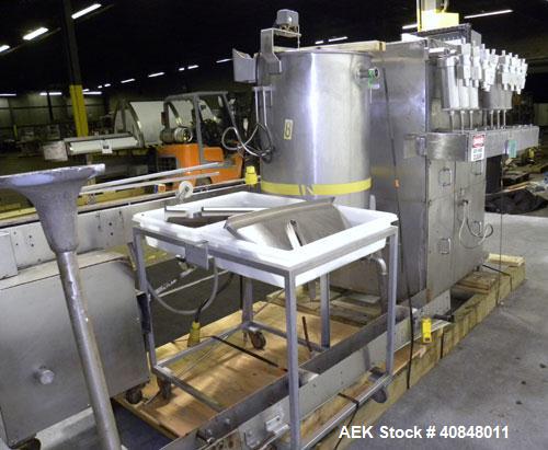 Used Filamatic (National Instruments) 8 Head In-Line Piston Filler, Model CVK-120. (8) 3/8’’ diameter nozzles with centering bells, mounted on a 31" wide adjustable slotted filling bar. Has bottom up...