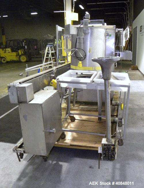 Used Filamatic (National Instruments) 8 Head In-Line Piston Filler, Model CVK-120. (8) 3/8’’ diameter nozzles with centering bells, mounted on a 31" wide adjustable slotted filling bar. Has bottom up...