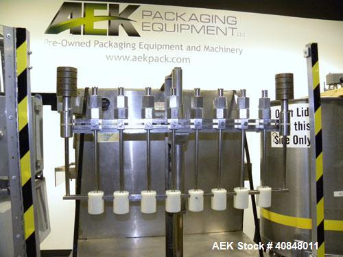 Used Filamatic (National Instruments) 8 Head In-Line Piston Filler, Model CVK-120. (8) 3/8’’ diameter nozzles with centering bells, mounted on a 31" wide adjustable slotted filling bar. Has bottom up...