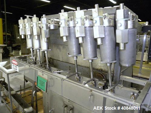 Used Filamatic (National Instruments) 8 Head In-Line Piston Filler, Model CVK-120. (8) 3/8’’ diameter nozzles with centering bells, mounted on a 31" wide adjustable slotted filling bar. Has bottom up...