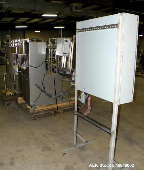 Used Filamatic (National Instruments) 12 Head In-Line Piston Filler. (12) 3/8’’ diameter nozzles with (9) centering bells, bottom up fill. (12) approximate 520cc pistons. Star wheel container indexin...