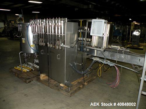 Used Filamatic (National Instruments) 12 Head In-Line Piston Filler. (12) 3/8’’ diameter nozzles with (9) centering bells, bottom up fill. (12) approximate 520cc pistons. Star wheel container indexin...