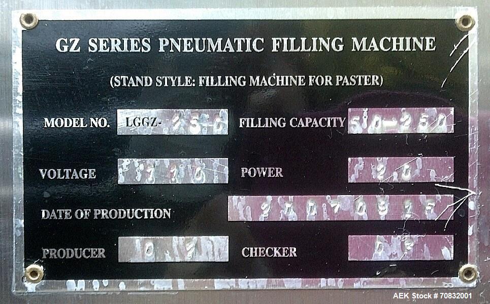 Used Cleveland Equipment LGGZ-250 Semi Automatic Piston Filler. Has fill range: 1.5 ot 8.5 oz. Free standing unit with foot pedal operation. Positive shut off nozzle. Ideally suited for liquids, past...