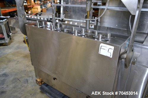 Used Cozzoli Model LF840-8 Inline Continuous Motion Walking Beam Style Piston Filler. Machine is capable of speeds from 40 to 120 containers per minute. Has integrated air cleaner. Container size ran...