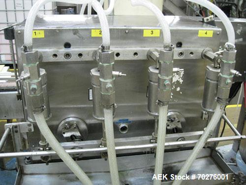 Used Filamatic 4 head inline piston filler. Has pin indexing system, bottom up fill, 240cc pistons, 10'L conveyor. Mounted on casters.