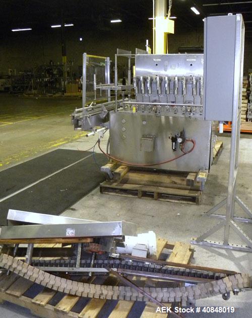 Used Filamatic (National Instruments) 10 Head In-Line Piston Filler, Model AL-800HS. No nozzles or centering bells, bottom up fill. (10) approximate 260cc pistons. Conveyor infeed and discharge. Incl...