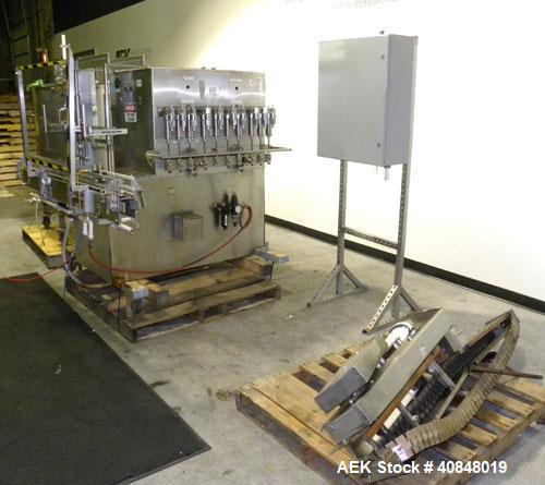 Used Filamatic (National Instruments) 10 Head In-Line Piston Filler, Model AL-800HS. No nozzles or centering bells, bottom up fill. (10) approximate 260cc pistons. Conveyor infeed and discharge. Incl...