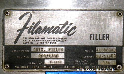 Used Filamatic (National Instruments) 10 Head In-Line Piston Filler, Model AL-800HS. No nozzles or centering bells, bottom up fill. (10) approximate 260cc pistons. Conveyor infeed and discharge. Incl...