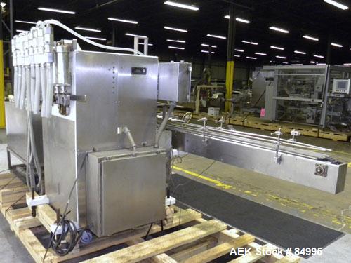 Used Filamatic Inline Piston Filler, Model CVK-300-1. Equipped with (8) 1000 cc pistons, all stainless steel. Automatic diving nozzle style, missing nozzles. Pneumatic container indexing. Self-contai...