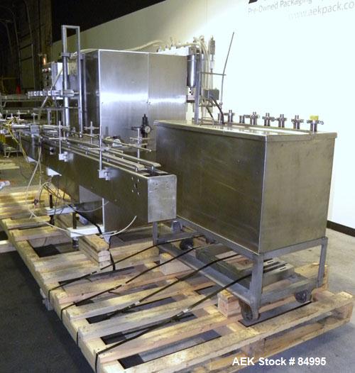 Used Filamatic Inline Piston Filler, Model CVK-300-1. Equipped with (8) 1000 cc pistons, all stainless steel. Automatic diving nozzle style, missing nozzles. Pneumatic container indexing. Self-contai...