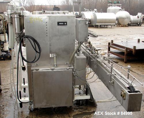 Used Filamatic Inline Piston Filler, Model CVK-300-1. Equipped with (8) 1000 cc pistons, all stainless steel. Automatic diving nozzle style, missing nozzles. Pneumatic container indexing. Self-contai...