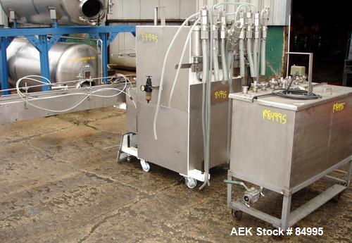 Used Filamatic Inline Piston Filler, Model CVK-300-1. Equipped with (8) 1000 cc pistons, all stainless steel. Automatic diving nozzle style, missing nozzles. Pneumatic container indexing. Self-contai...