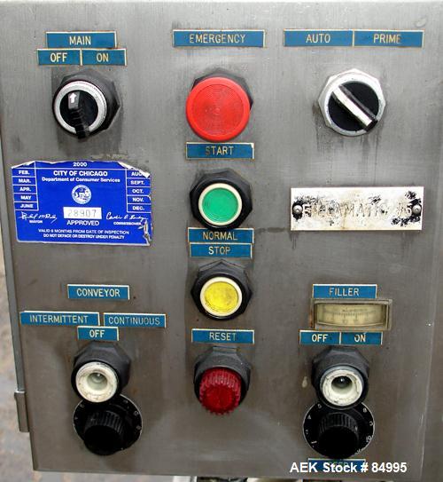 Used Filamatic Inline Piston Filler, Model CVK-300-1. Equipped with (8) 1000 cc pistons, all stainless steel. Automatic diving nozzle style, missing nozzles. Pneumatic container indexing. Self-contai...