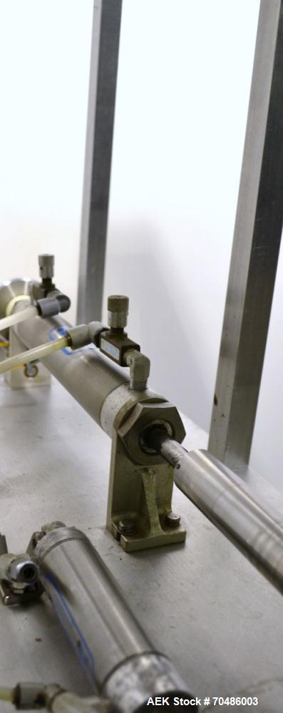 Used Hinds-Bock Single Piston Filler/Depositer, Model SP-64, Stainless Steel. Capable of speeds from 10 to 20 containers per minute (depending on fill size). Fill size range: 1/2 oz to 64 oz with cha...