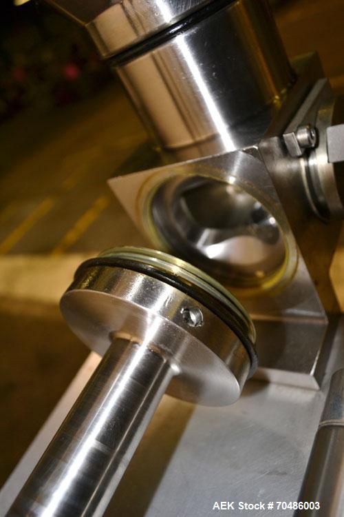 Used Hinds-Bock Single Piston Filler/Depositer, Model SP-64, Stainless Steel. Capable of speeds from 10 to 20 containers per minute (depending on fill size). Fill size range: 1/2 oz to 64 oz with cha...