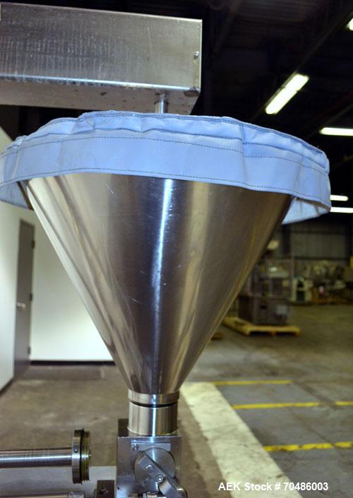 Used Hinds-Bock Single Piston Filler/Depositer, Model SP-64, Stainless Steel. Capable of speeds from 10 to 20 containers per minute (depending on fill size). Fill size range: 1/2 oz to 64 oz with cha...