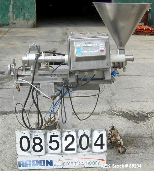 USED: Hinds Bock 6 oz stainless steel, pneumatically operated, piston filler. Currently equipped with a 1-1/2" diameter x 7" deep piston. Includes a stainless steel hopper and inline metal detector. ...