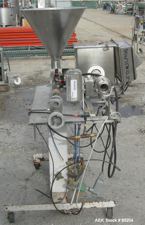 USED: Hinds Bock 6 oz stainless steel, pneumatically operated, piston filler. Currently equipped with a 1-1/2" diameter x 7" deep piston. Includes a stainless steel hopper and inline metal detector. ...