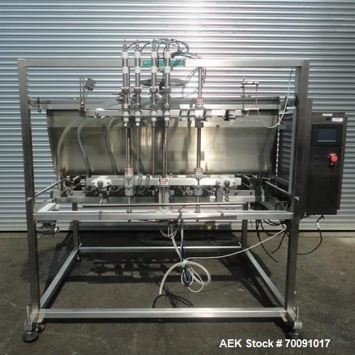 Unused- Inline Filling Systems 8 Head Pneumatic Activated Piston Filler with poppet valves. Model FP8. New 2010. The automatic piston filling system features adjustable piston/cylinder assembly to pr...