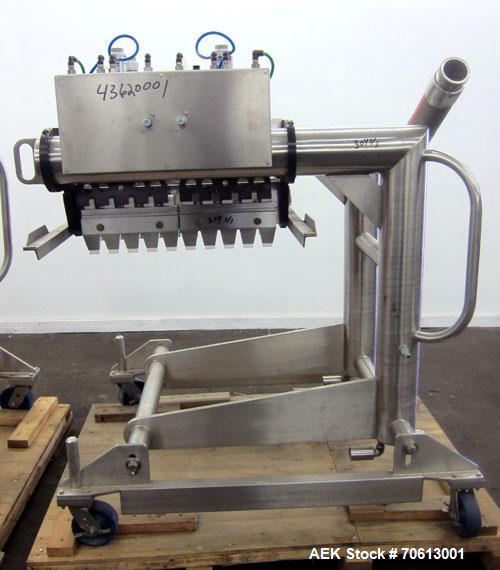 Used KOFAB Egg Depositer System, 304 Stainless Steel. (1) 25 Head filling station consisting of (4) 5 head manifolds on approximate 3” centers, 9" apart, with (4) air operated pistons. (1) Main filli...