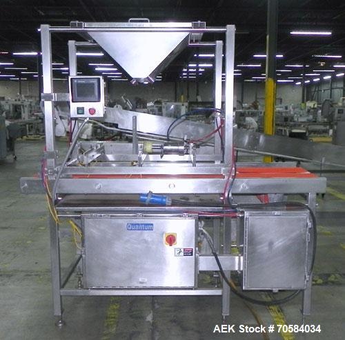 Used Quantum Model QTIA2000-12 Dual Lane Sauce Applicator. Twin piston design is rated at up to 120 pies per minute.  Machine has Allen Bradley controls.  Has continuous motion conveyors, sanitary de...