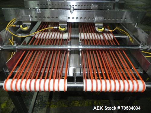 Used Quantum Model QTIA2000-12 Dual Lane Sauce Applicator. Twin piston design is rated at up to 120 pies per minute.  Machine has Allen Bradley controls.  Has continuous motion conveyors, sanitary de...