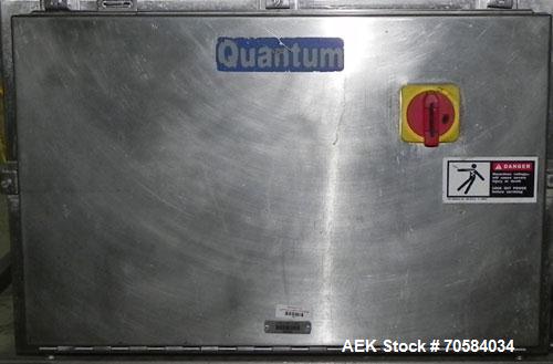 Used Quantum Model QTIA2000-12 Dual Lane Sauce Applicator. Twin piston design is rated at up to 120 pies per minute.  Machine has Allen Bradley controls.  Has continuous motion conveyors, sanitary de...
