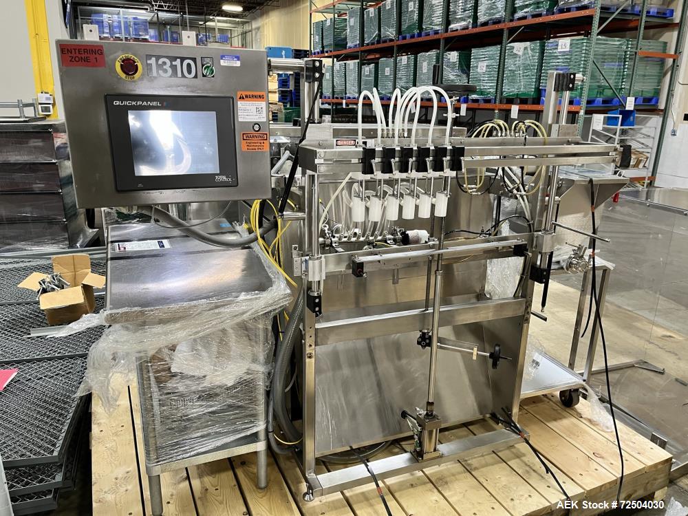 Used REB, Inc Automatic Inline Piston Filler, Model IVS. Current set up has 6 pistons with 6-diving fill nozzles. Is rated for speeds from 10 to 120 containers per minute (depending on container size...