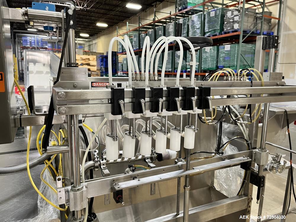 Used REB, Inc Automatic Inline Piston Filler, Model IVS. Current set up has 6 pistons with 6-diving fill nozzles. Is rated for speeds from 10 to 120 containers per minute (depending on container size...