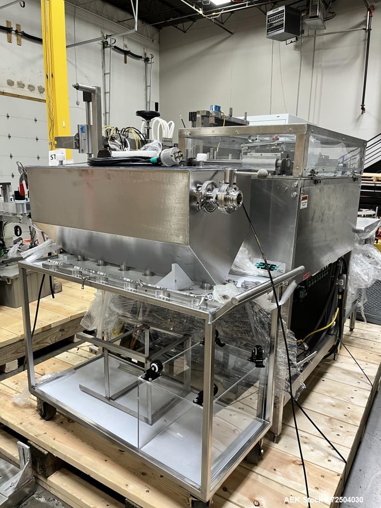 Used REB, Inc Automatic Inline Piston Filler, Model IVS. Current set up has 6 pistons with 6-diving fill nozzles. Is rated for speeds from 10 to 120 containers per minute (depending on container size...