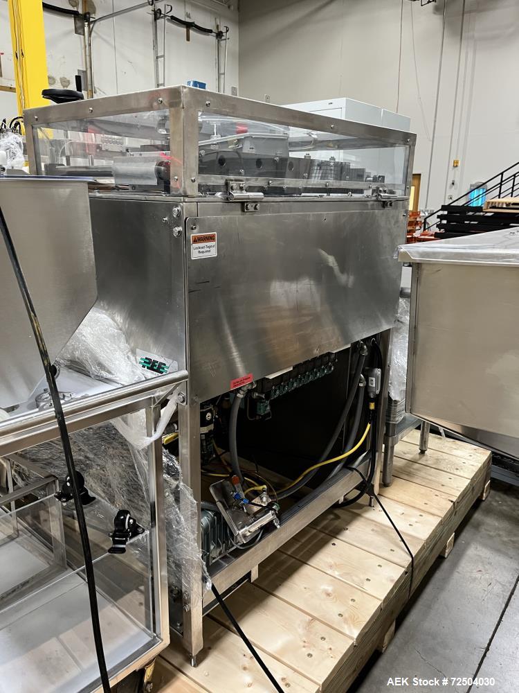 Used REB, Inc Automatic Inline Piston Filler, Model IVS. Current set up has 6 pistons with 6-diving fill nozzles. Is rated for speeds from 10 to 120 containers per minute (depending on container size...