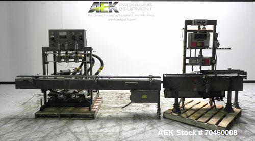 Used Thiele Model AF-3T-B1 Three Head PD Filler. Filler is designed to fill Quart to Gallon containers, (actual range 4 oz min to 185 oz maximum) at rates of 45 - 60 quart/min & 30-45 gallon/min. Eac...