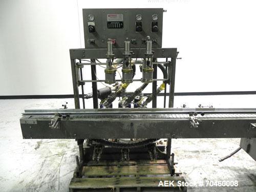 Used Thiele Model AF-3T-B1 Three Head PD Filler. Filler is designed to fill Quart to Gallon containers, (actual range 4 oz min to 185 oz maximum) at rates of 45 - 60 quart/min & 30-45 gallon/min. Eac...