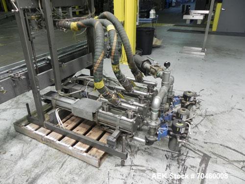 Used Thiele Model AF-3T-B1 Three Head PD Filler. Filler is designed to fill Quart to Gallon containers, (actual range 4 oz min to 185 oz maximum) at rates of 45 - 60 quart/min & 30-45 gallon/min. Eac...