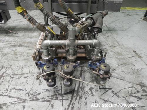 Used Thiele Model AF-3T-B1 Three Head PD Filler. Filler is designed to fill Quart to Gallon containers, (actual range 4 oz min to 185 oz maximum) at rates of 45 - 60 quart/min & 30-45 gallon/min. Eac...