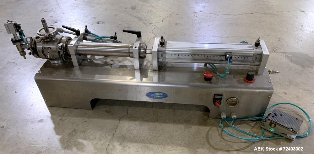 Used Wenzhou Rigao Table Top Semi Automatic Piston Filler, Model DYF. 316L Stainless steel product contact. Filling speed 5 to 20 bottles per minute. Filling accuracy /= 1% +/-. Filling range: approx...