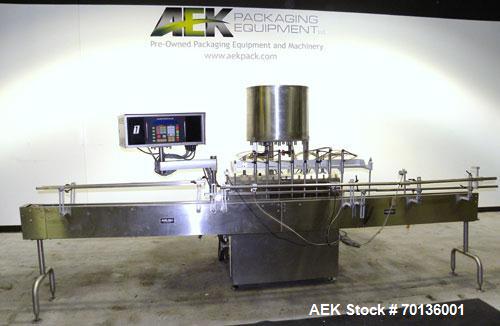 Used Kalish Kalishtronic Model KT12 Positive Displacement Filler. Currentlyt set up with 8 pumps and filling nozzles. Has neck guides, positive shut off nozzles, pin indexing and table top chain conv...