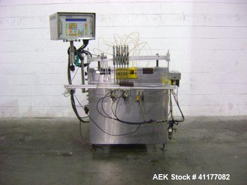 Used Kalish 6 Head Positive Displacement Filler, Model KT-6. Positive shut off valves. Last filling 1 oz and 2 oz containers. Currently set up with 12 liter per minute pumps. Has 10' long x 4-1/2" wi...