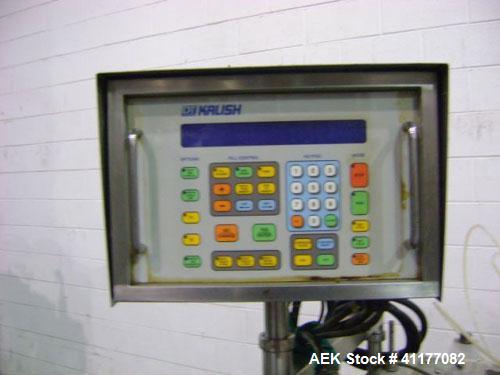 Used Kalish 6 Head Positive Displacement Filler, Model KT-6. Positive shut off valves. Last filling 1 oz and 2 oz containers. Currently set up with 12 liter per minute pumps. Has 10' long x 4-1/2" wi...