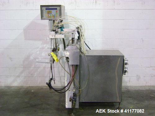 Used Kalish 6 Head Positive Displacement Filler, Model KT-6. Positive shut off valves. Last filling 1 oz and 2 oz containers. Currently set up with 12 liter per minute pumps. Has 10' long x 4-1/2" wi...