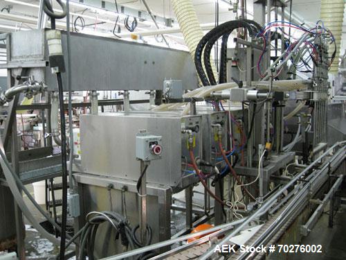 Used Oden Profil 1000 6-Head Inline Volumetric Filler. This unit features six (6) Waukesha Model 15 universal pumps and is currently set up with 1 inch diameter positive shut off nozzles. Pin Indexin...