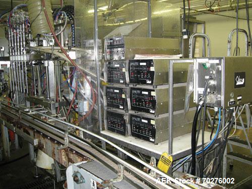 Used Oden Profil 1000 6-Head Inline Volumetric Filler. This unit features six (6) Waukesha Model 15 universal pumps and is currently set up with 1 inch diameter positive shut off nozzles. Pin Indexin...