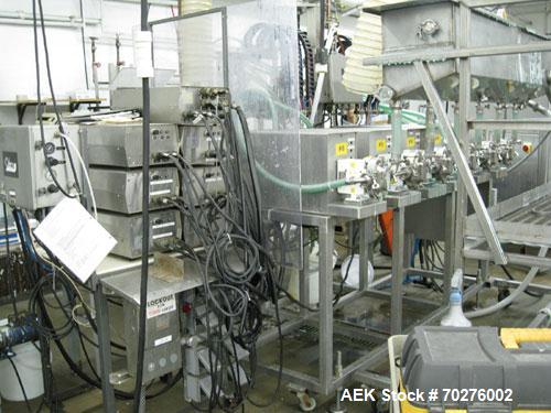 Used Oden Profil 1000 6-Head Inline Volumetric Filler. This unit features six (6) Waukesha Model 15 universal pumps and is currently set up with 1 inch diameter positive shut off nozzles. Pin Indexin...