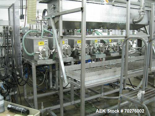 Used Oden Profil 1000 6-Head Inline Volumetric Filler. This unit features six (6) Waukesha Model 15 universal pumps and is currently set up with 1 inch diameter positive shut off nozzles. Pin Indexin...