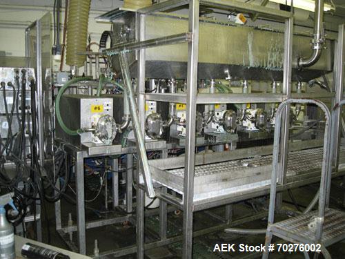 Used Oden Profil 1000 6-Head Inline Volumetric Filler. This unit features six (6) Waukesha Model 15 universal pumps and is currently set up with 1 inch diameter positive shut off nozzles. Pin Indexin...