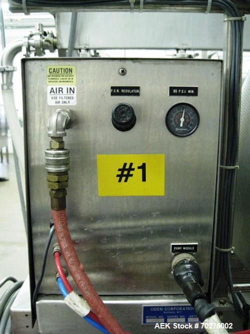 Used Oden Profil 1000 6-Head Inline Volumetric Filler. This unit features six (6) Waukesha Model 15 universal pumps and is currently set up with 1 inch diameter positive shut off nozzles. Pin Indexin...